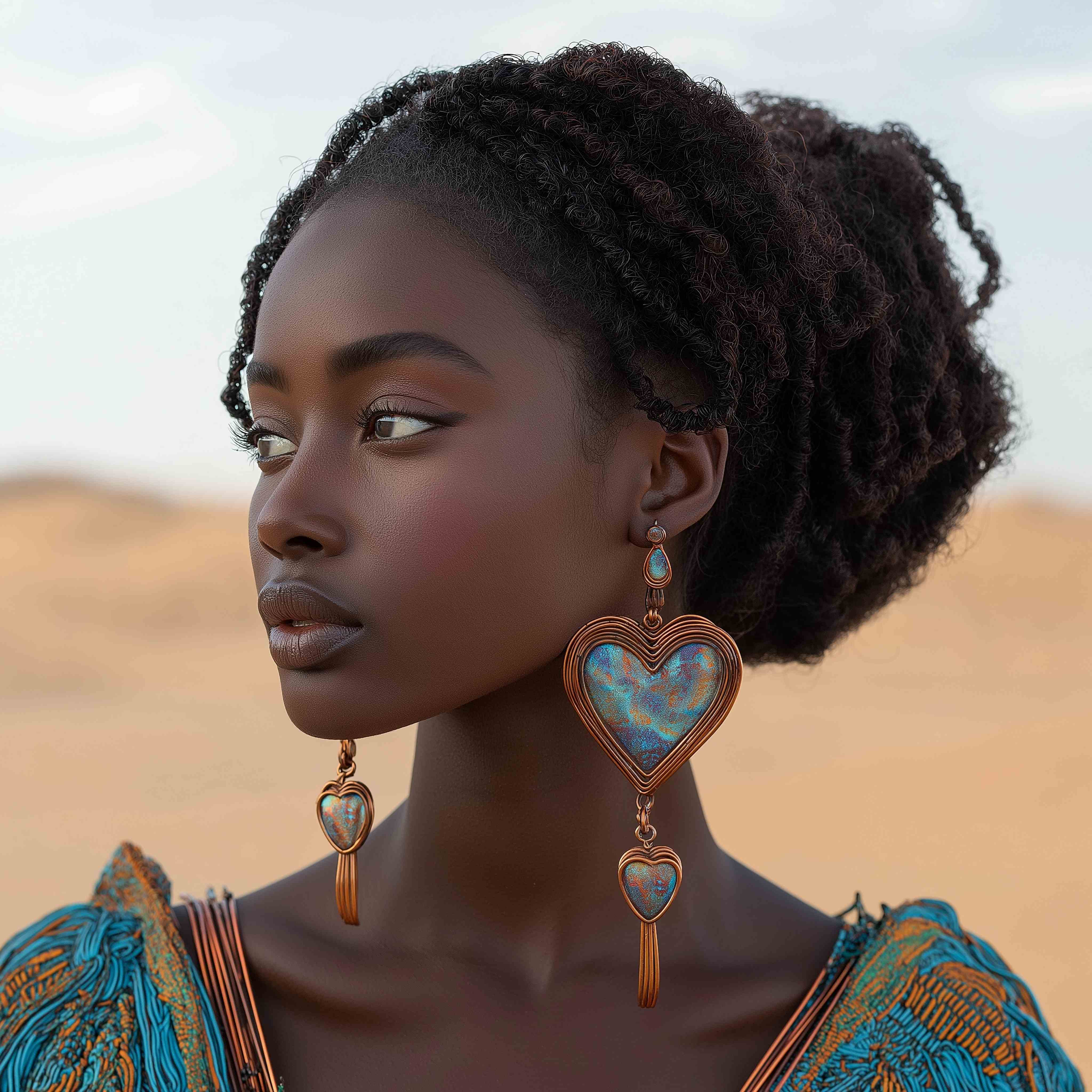 Woman with heart-shaped earrings in desert