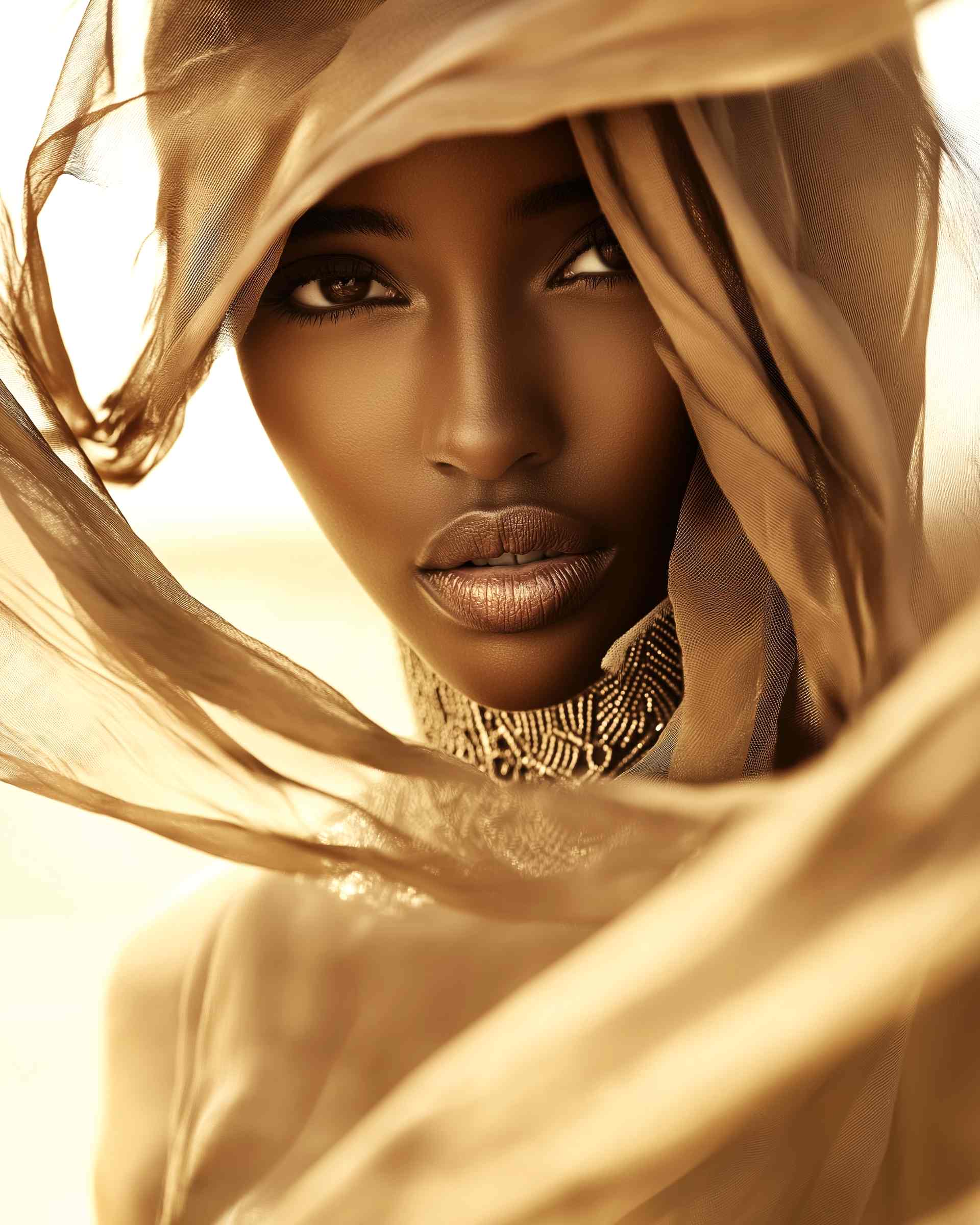 Woman veiled by golden fabric