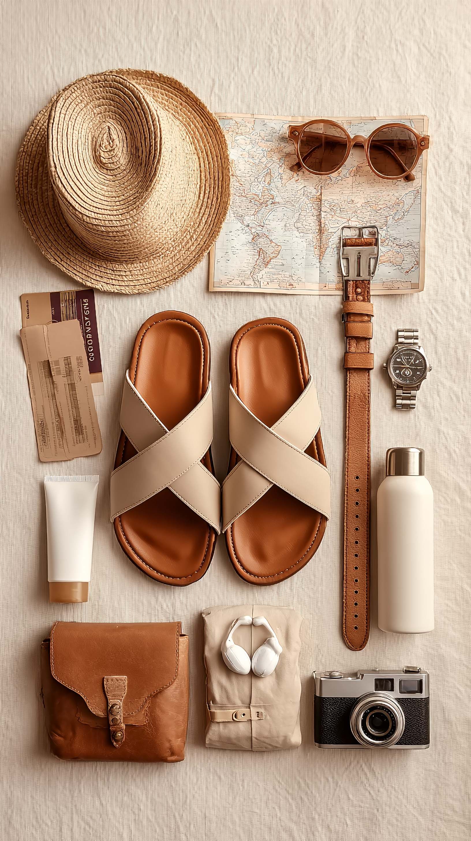 Travel essentials flat lay